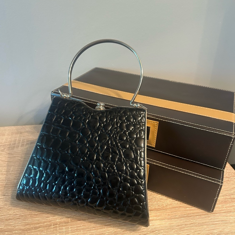 Small Black Textured Pattern Handbag with Silver Accents